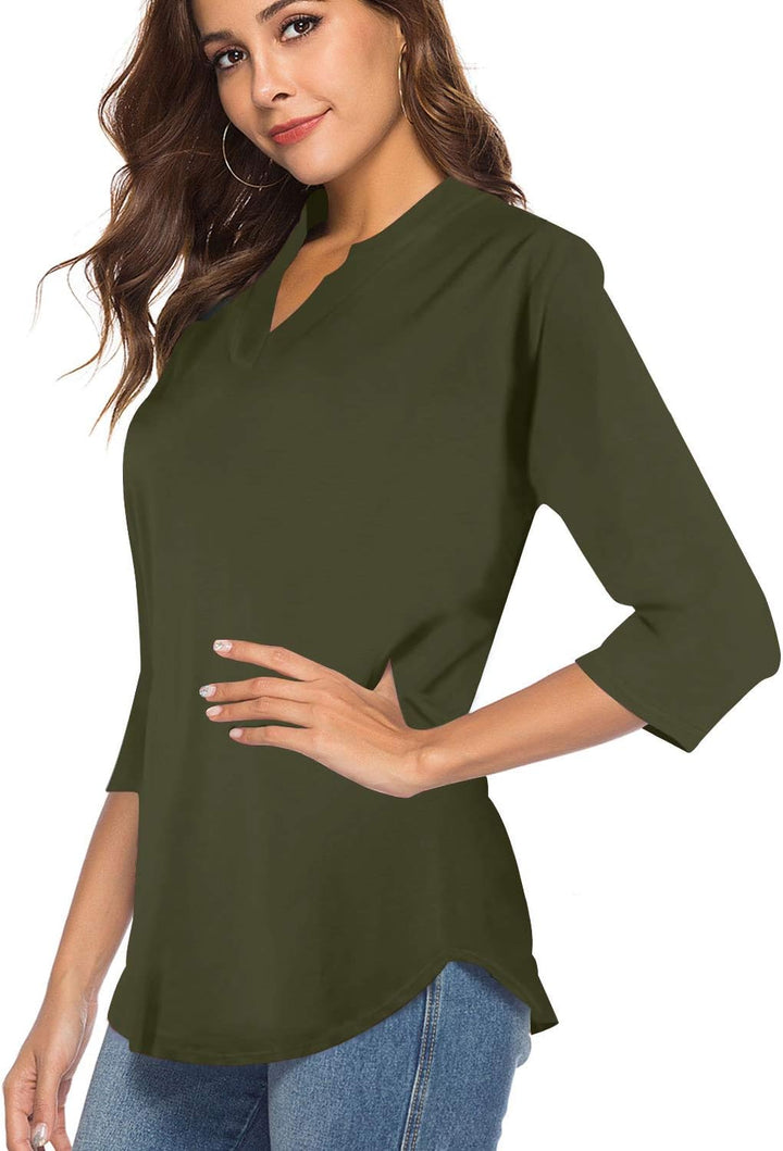 CEASIKERY Damen-Top mit 3/4-Ärmel und V-Ausschnitt, lässige Tunika, lockere Bluse, Shirt, Armee-Grün