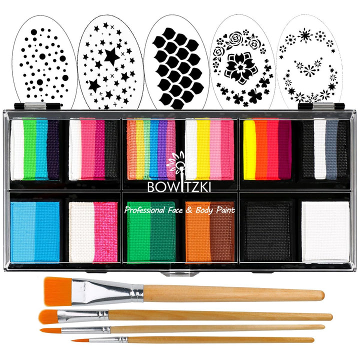 Bowitzki 12x10 gm Face Paint Professional Face Painting Kit For Kids Adults with Stencil One Stroke