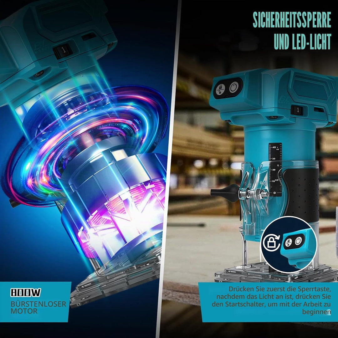 Akku Oberfräse kompatibel mit Makita 18V-Akku (ohne Akku), 800 W bürstenloser Holztrimmer mit 10000–