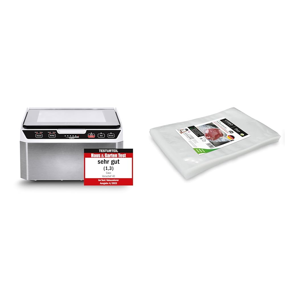 Caso VacuChef 40 - Kammervakuumierer aus Edelstahl, 1417 & Siegelrandbeutel 25 x 35 cm, 90 mμ, 100 S
