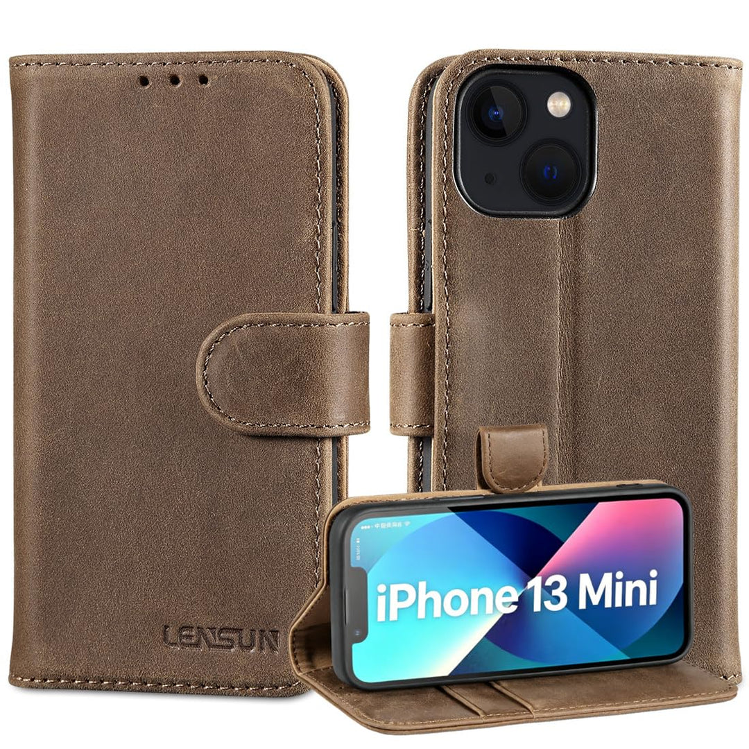 LENSUN Echtleder Hülle für iPhone 13 Mini, Handyhülle [Echtes Leder][Stand-Funktion][RFID Schutz] Ha