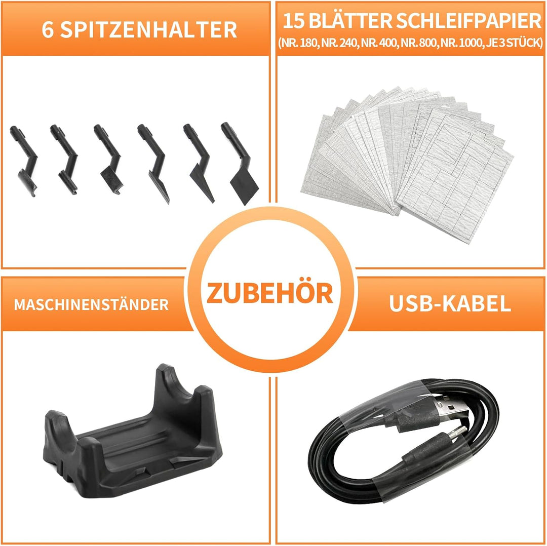 Hubschleifer, variable Drehzahl und USB-Aufladung mit LED-Licht, Stiftschleifer mit 6 Schleifköpfen,