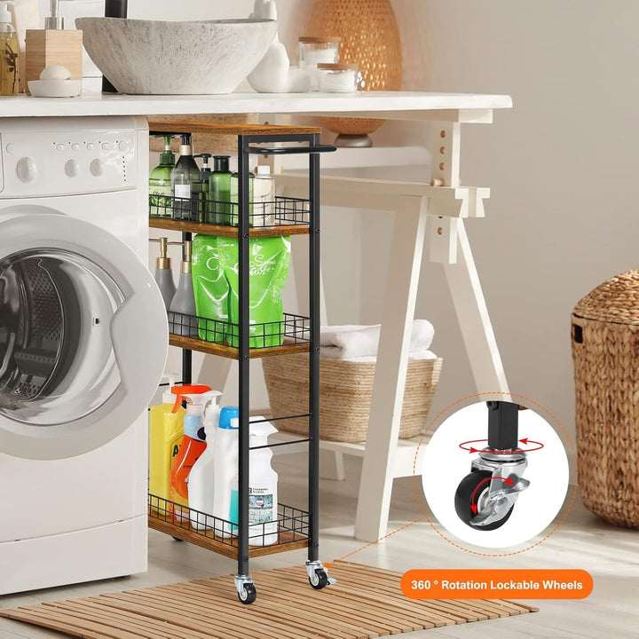 CADUKE 4 Tier schlanker Lagerwagen, schmaler Küchenwagen auf Rädern, Utility Rolling Cart mit Holzti