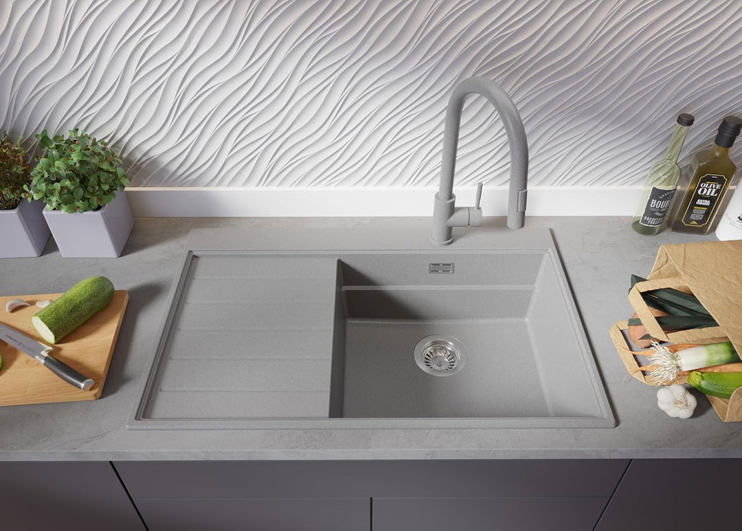 PRIMAGRAN Spülbecken Grau 78x50cm, Granitspüle 1 Becken + Ablauf-Set, Küchenspüle ab 50er Unterschra
