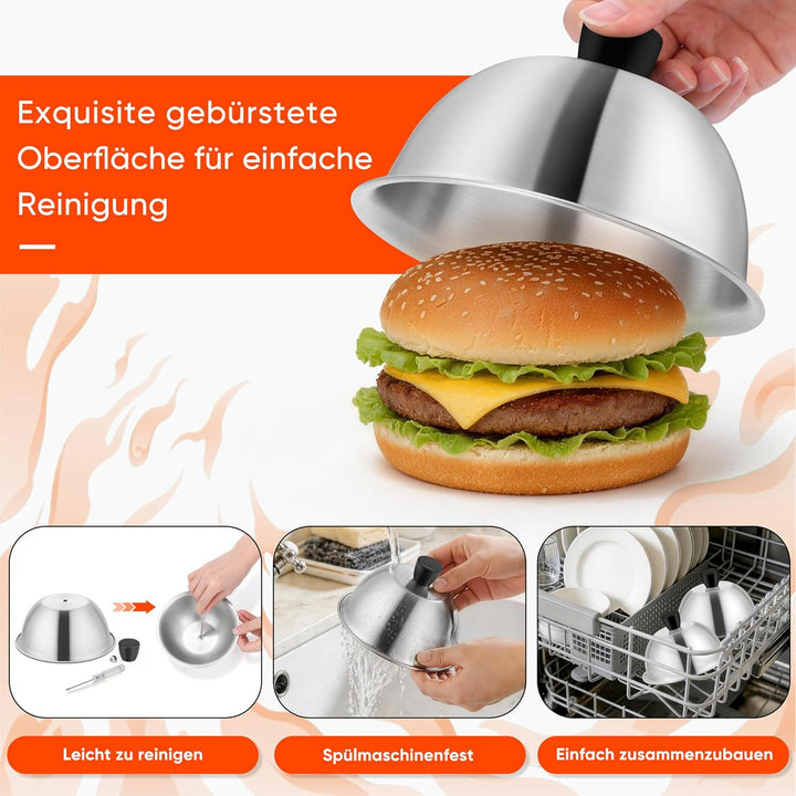 Herogo Burgerglocke, 4 Stück Edelstahl Burger Glocke mit Hitzebeständig Griff, 15,3x9 cm Metall Gril