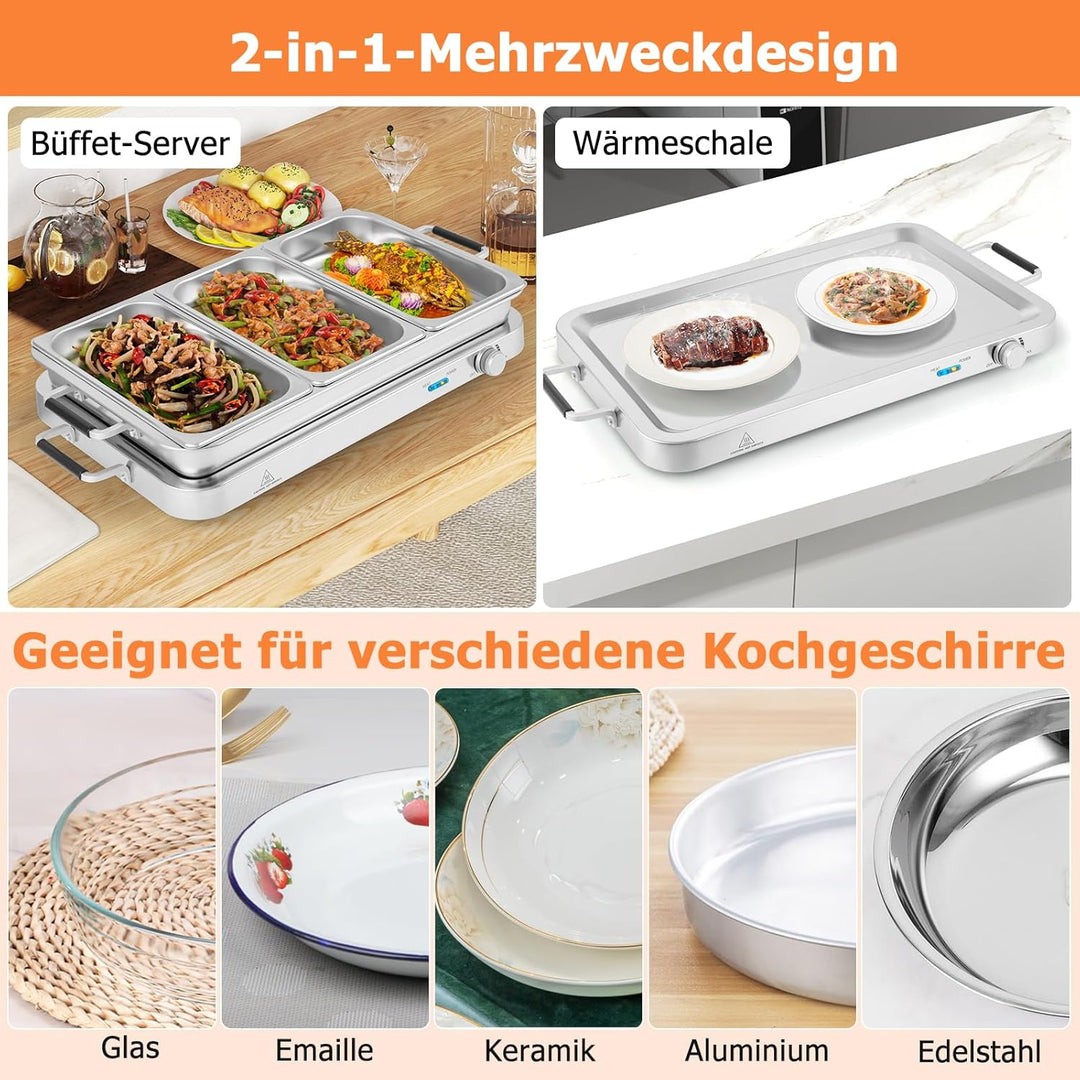 SOARS Warmhaltebehälter elektrisch 450 W, Speisenwärmer mit 3 Behältern & Deckeln, 9L Edelstahl Chaf