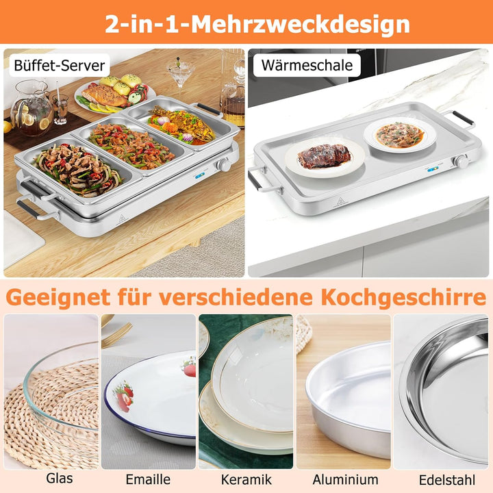 SOARS Warmhaltebehälter elektrisch 450 W, Speisenwärmer mit 3 Behältern & Deckeln, 9L Edelstahl Chaf