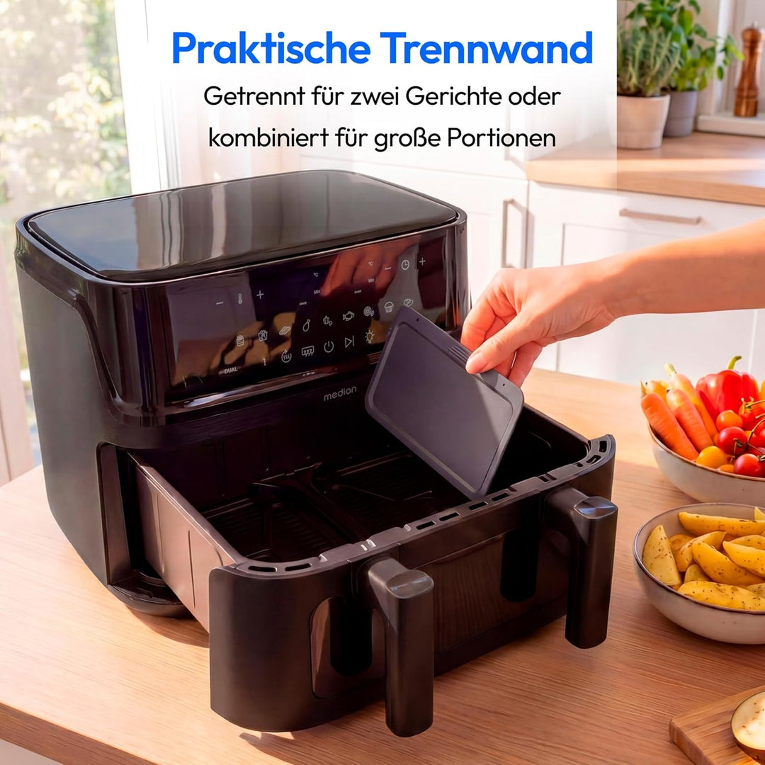 MEDION P25 XXL Flex M Airfryer Heissluftfritteuse mit 2 Kammern - schwarz | 10,8 Liter, flexible Kam