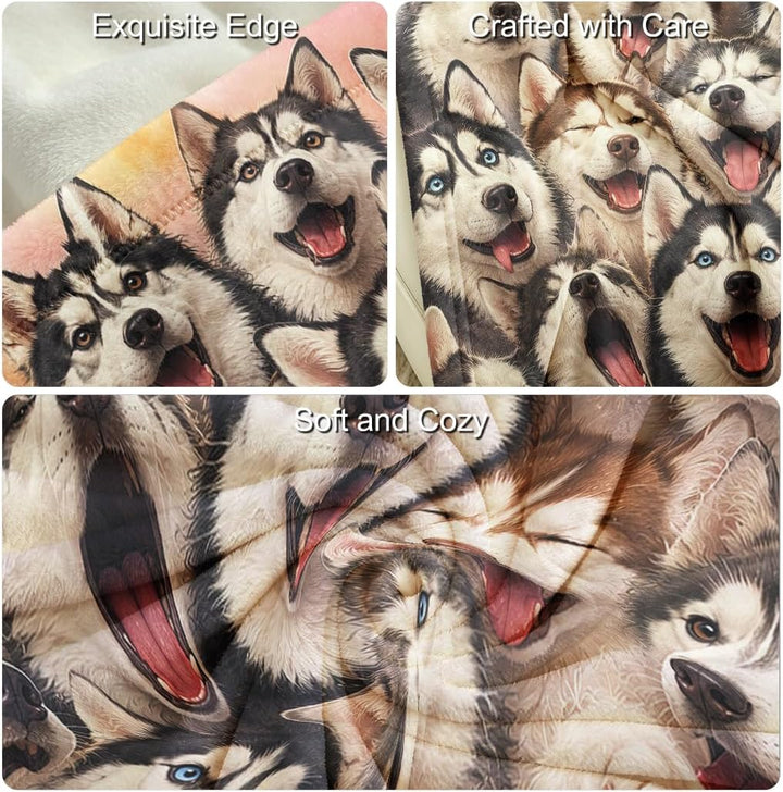 Husky Collage Flanell Decke, Lustige Wohndecke mit Husky-Gesichtern, Hundedecke für Hundefans, 150x2