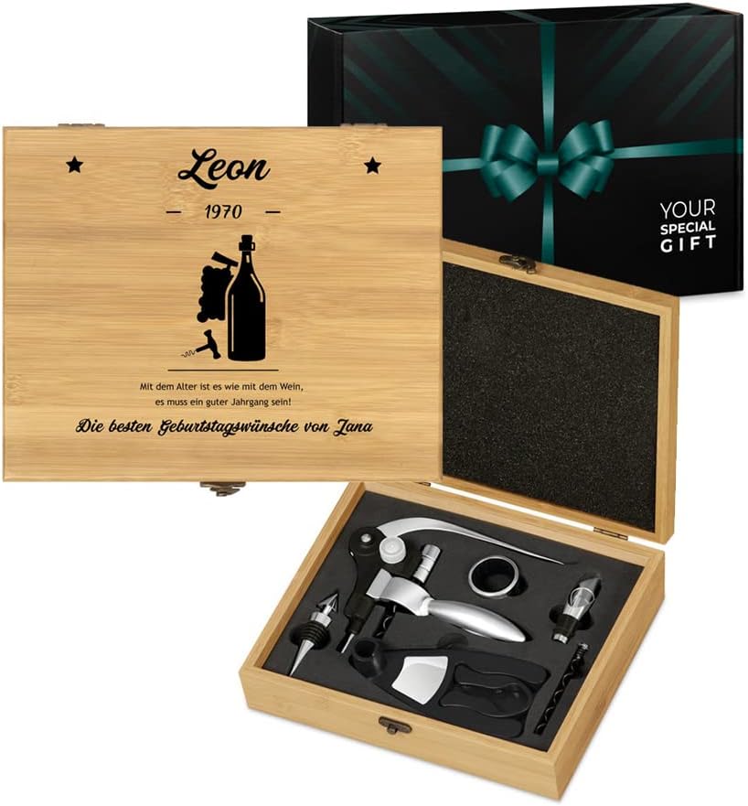 Maverton Weinöffner-Set personalisiert Weinset Sommelier Set - Geschenkbox Holzbox + 6er Weinzubehör
