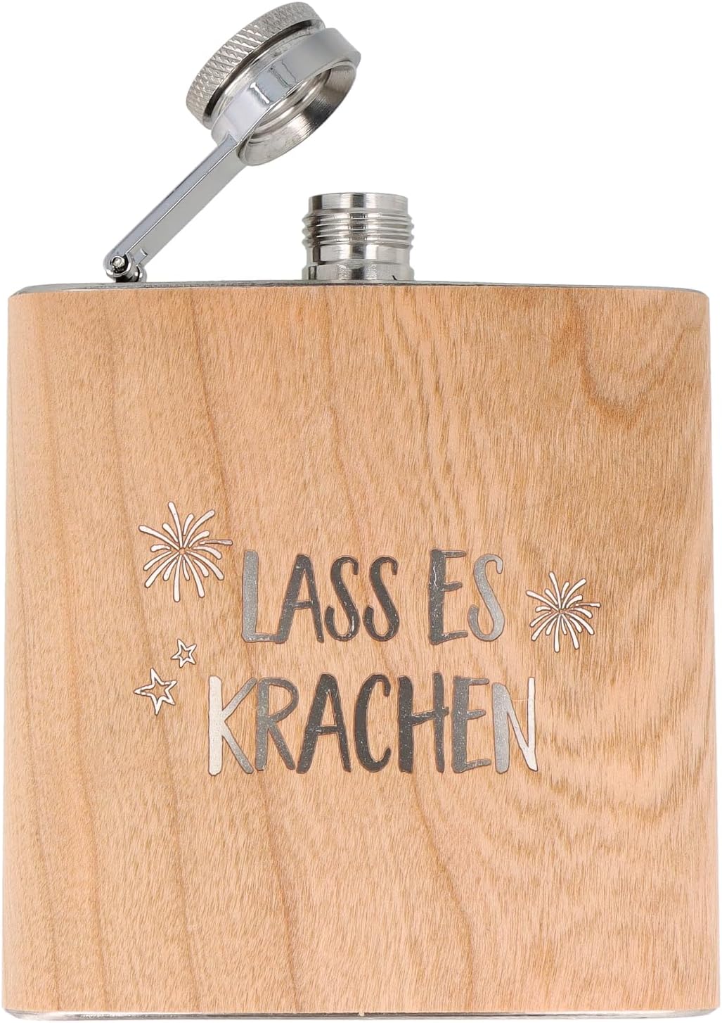 Spruchreif | Flachmann aus Edelstahl mit Gravur "Lass es krachen" | Flachmann aus Holz 170 ml | Gesc