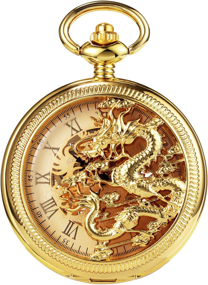 TREEWETO Unisex Taschenuhr mit Kette Analog Handaufzug Mechanisch Antik Drache Skelett Für Herren Da