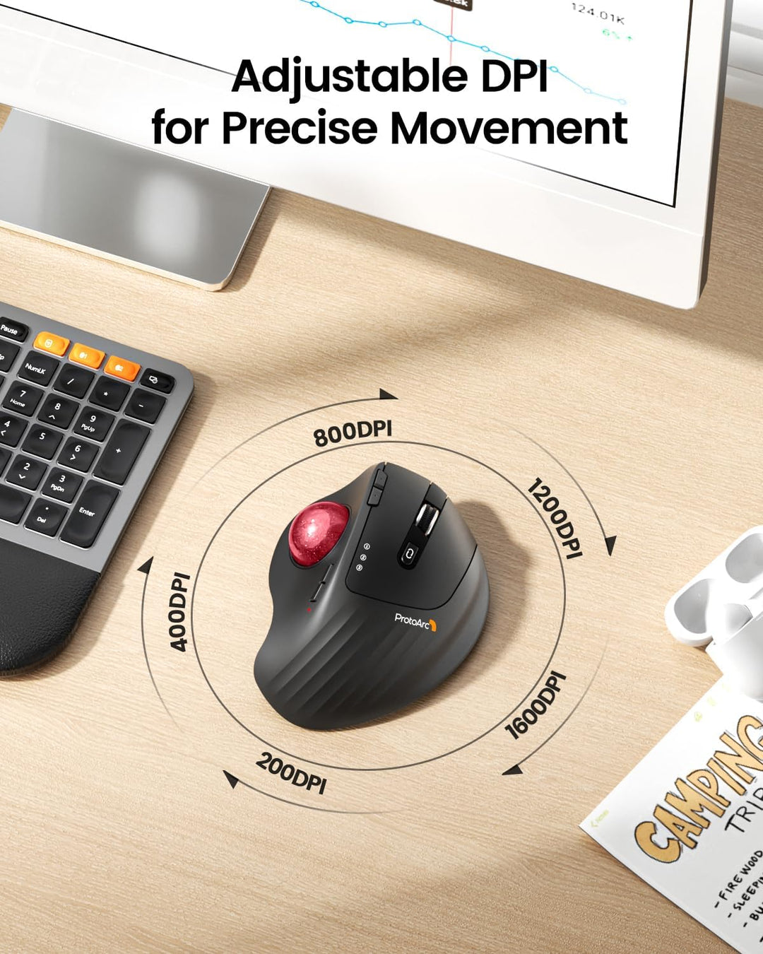 ProtoArc EM01 NL Trackball Maus Kabellos, 2.4G USB & 2*Bluetooth, Daumensteuerung, Verstellbarer Win