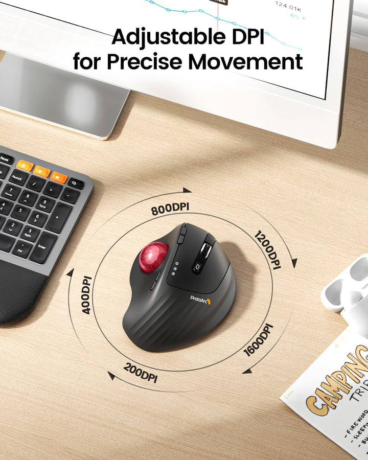 ProtoArc EM01 NL Trackball Maus Kabellos, 2.4G USB & 2*Bluetooth, Daumensteuerung, Verstellbarer Win