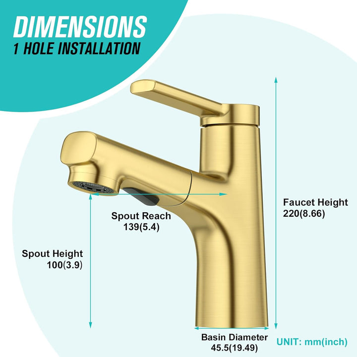 CREA Modern Waschtischarmatur Badezimmer mit 2 Wasserstrahlarten Brause ausziehbar, Einhebelmischer