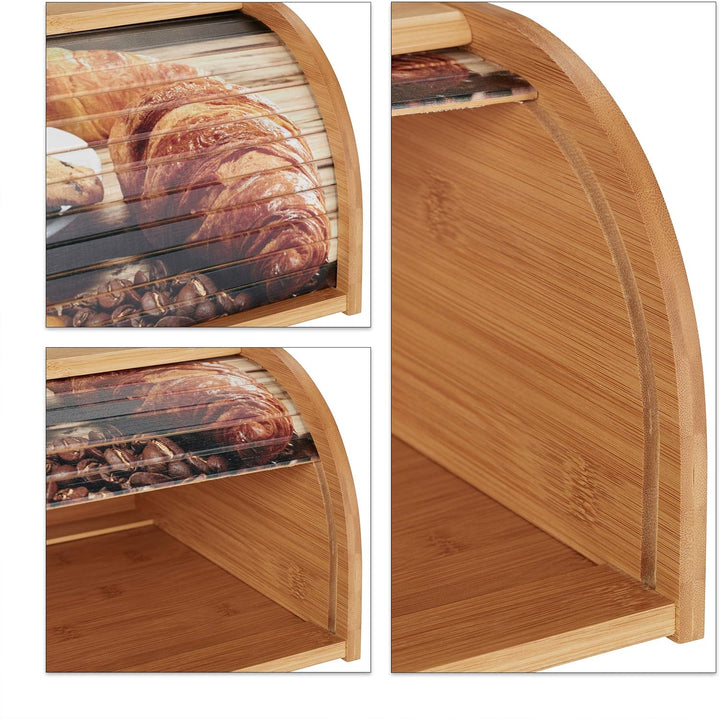 Relaxdays Brotkasten Bambus, Rolldeckel mit Motiv, aromadichte Brotaufbewahrung, mit Ablagefläche, H