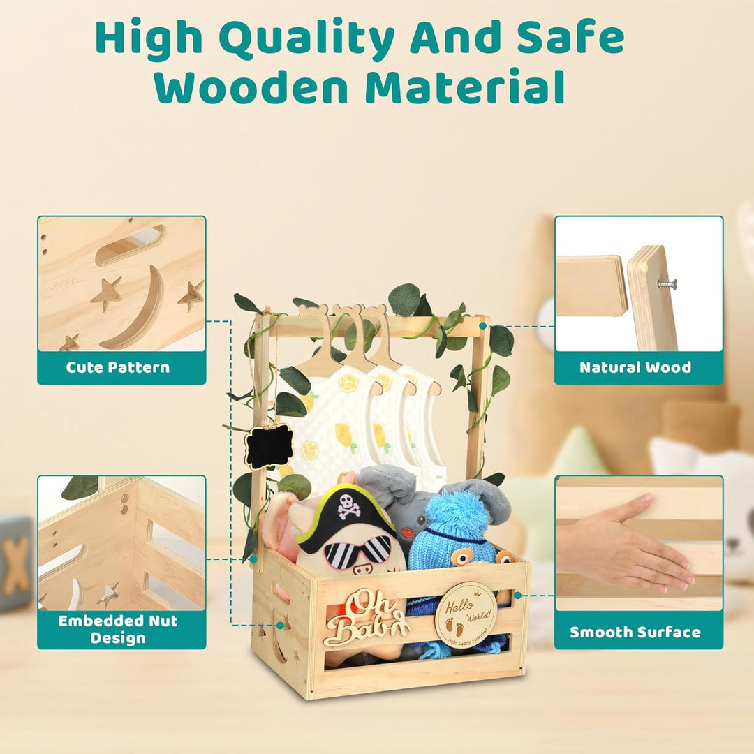 Babyparty Geschenk mit Holz, Babykorb mit 6 Holzkleiderbügel und Dekorblättern, Geschenkkorb Baby Ko