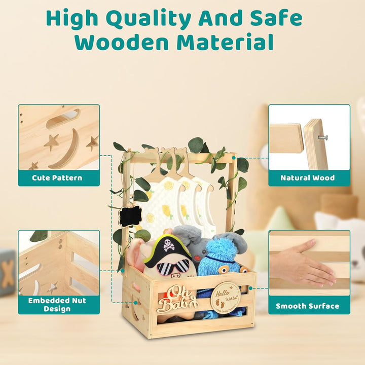 Babyparty Geschenk mit Holz, Babykorb mit 6 Holzkleiderbügel und Dekorblättern, Geschenkkorb Baby Ko