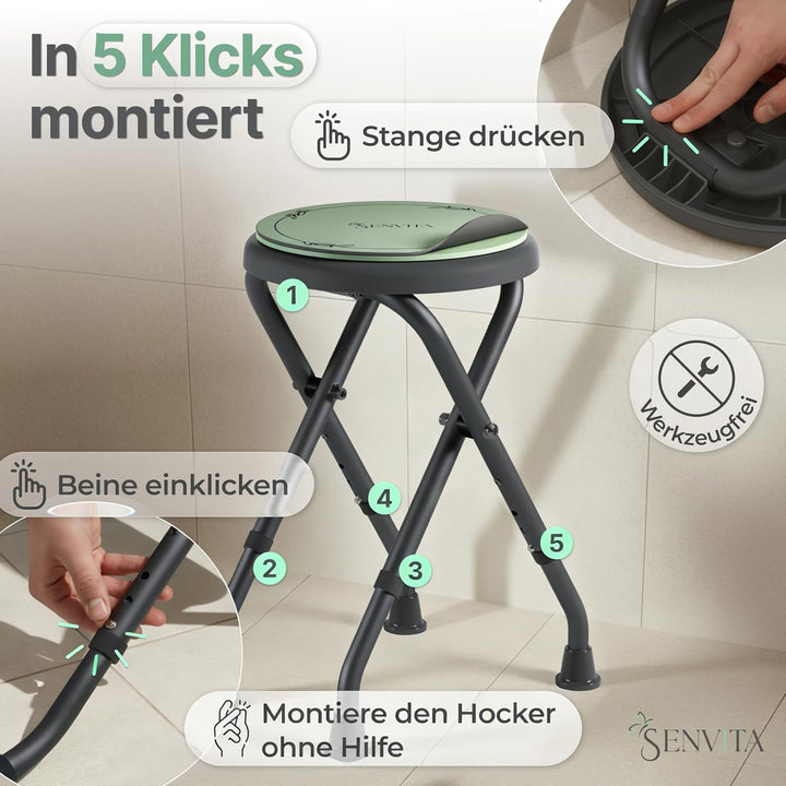 Duschhocker Klappbar, 360° Drehbar &amp; 160kg Belastbar | Duschstuhl für Senioren | Höhenverstellbare,