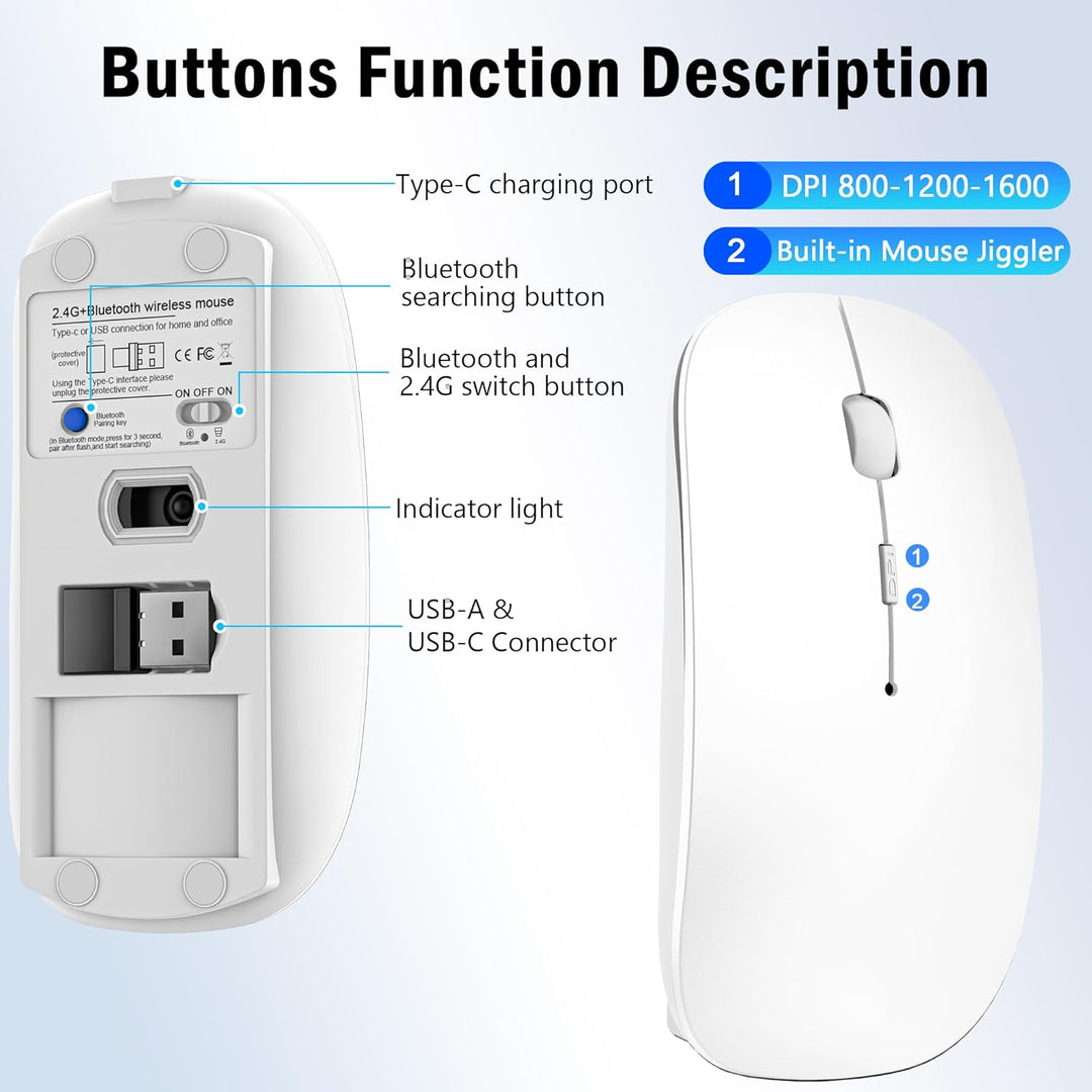 Mouse Wireless Bluetooth 5.2/3.0 e ricevitore USB-A/tipo C 2 in 1, Mouse silenzioso Con modalità jig