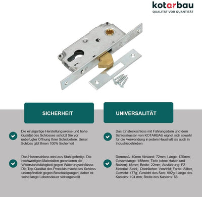 KOTARBAU® Hakenschloss Schiebetore Einsteckschloss 72/40 Schlosskasten Schiebetürschloss Hakenfallen