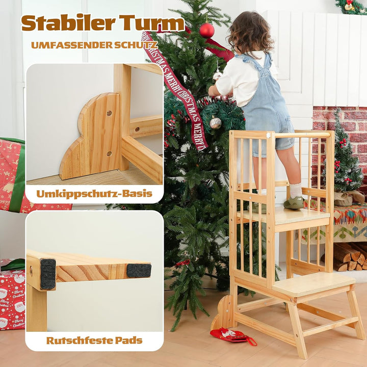 Toddler Tower Kleinkind-Turm, Tritthocker Lernhocker mit Maltafel, Sicherheitszaun & Kippschutz aus