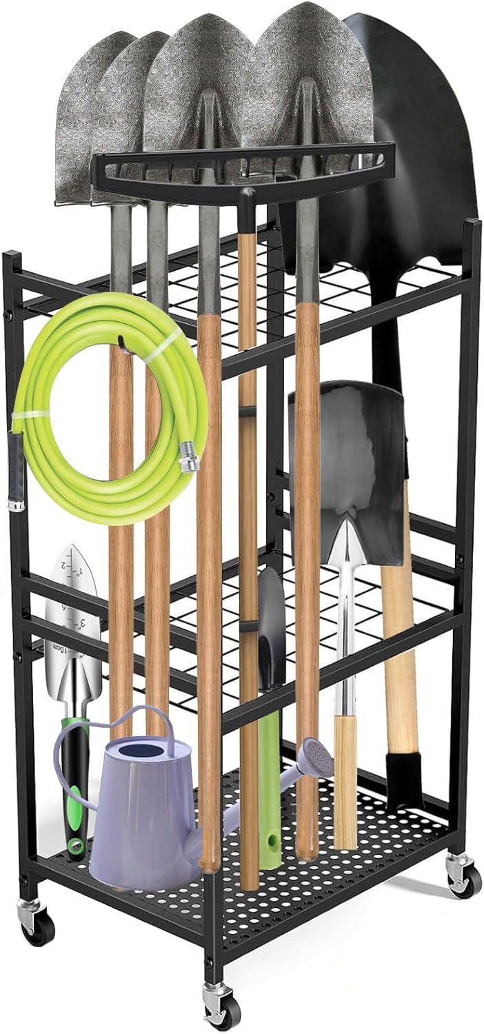 Gartenwerkzeug Organizer 3-stufig,Yard Tool Tower Rack,Garten Werkzeugregal mit 3 Beweglichen Haken