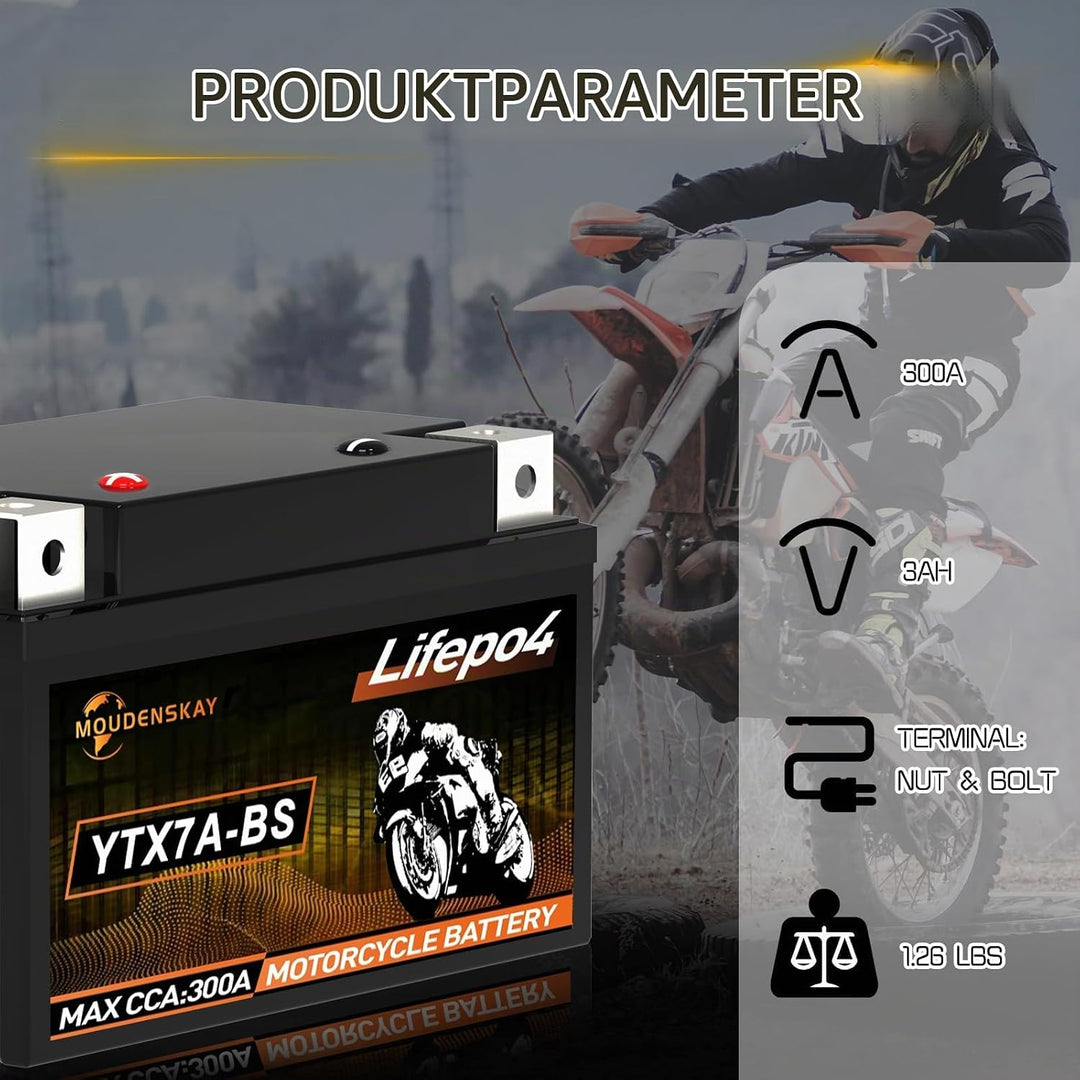 MOUDENSKAY Lithium Motorrad Batterie 12V Lithium Powersports Batterie mit BMS (YTX7A-BS 12.8V 3Ah 30