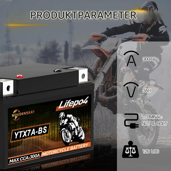 MOUDENSKAY Lithium Motorrad Batterie 12V Lithium Powersports Batterie mit BMS (YTX7A-BS 12.8V 3Ah 30