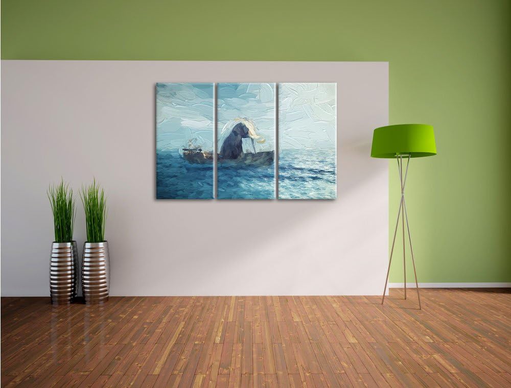 Pixxprint sitzender Elefant im Boot als Leinwandbild/Grösse: 3 Teilig (120x80) / Wandbild/Kunstdruck