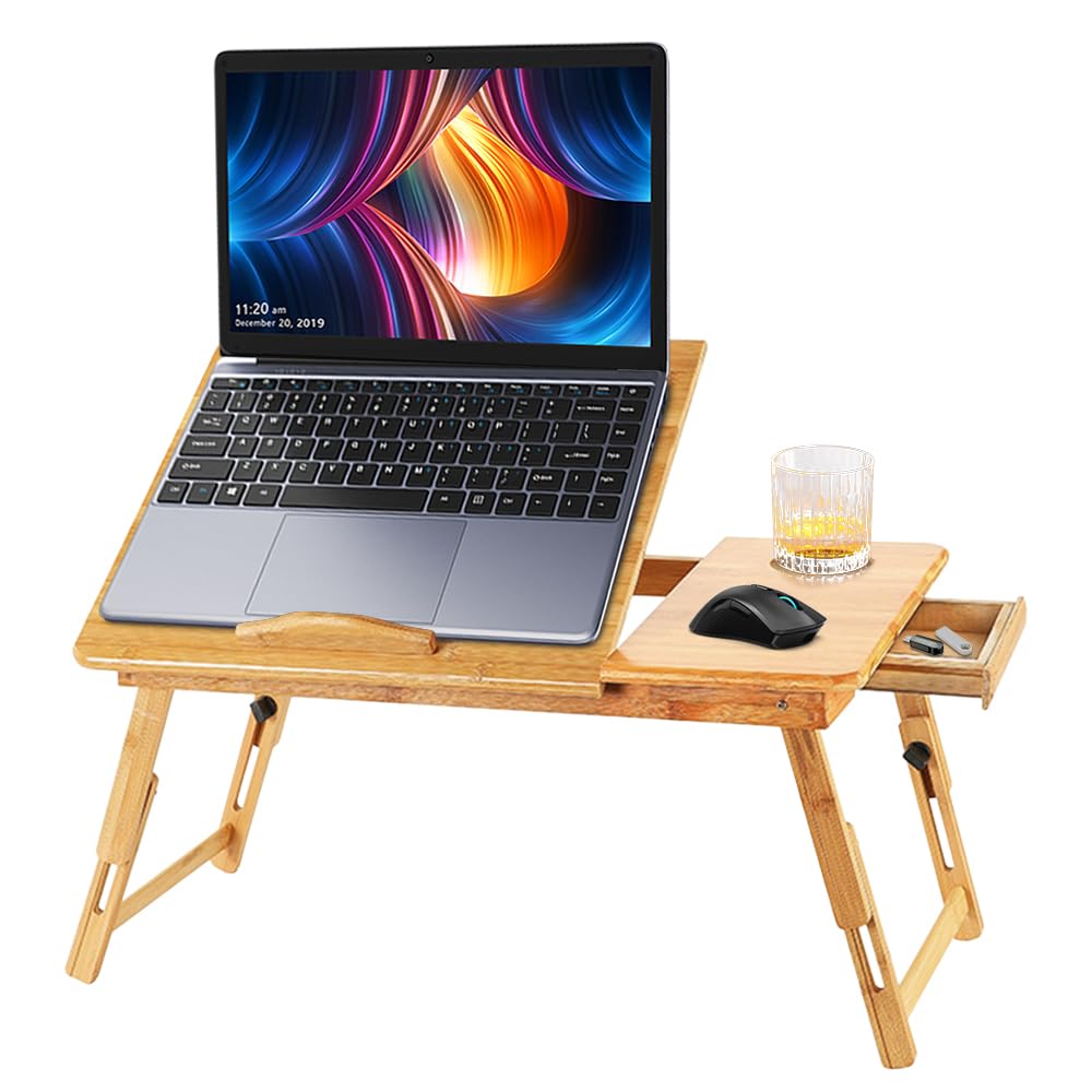Klappbarer Betttisch aus Bambus für Laptop, neigbar, Computertisch mit einer kleinen Schublade, Lapt