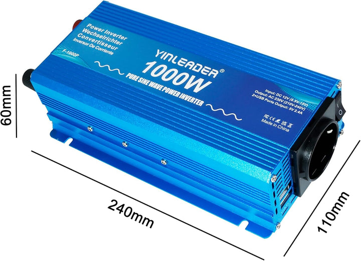 Yinleader Wechselrichter 1000W /2000W 12V 230V Reiner Sinus Spannungswandler mit 1 Steckdose 2 USB A