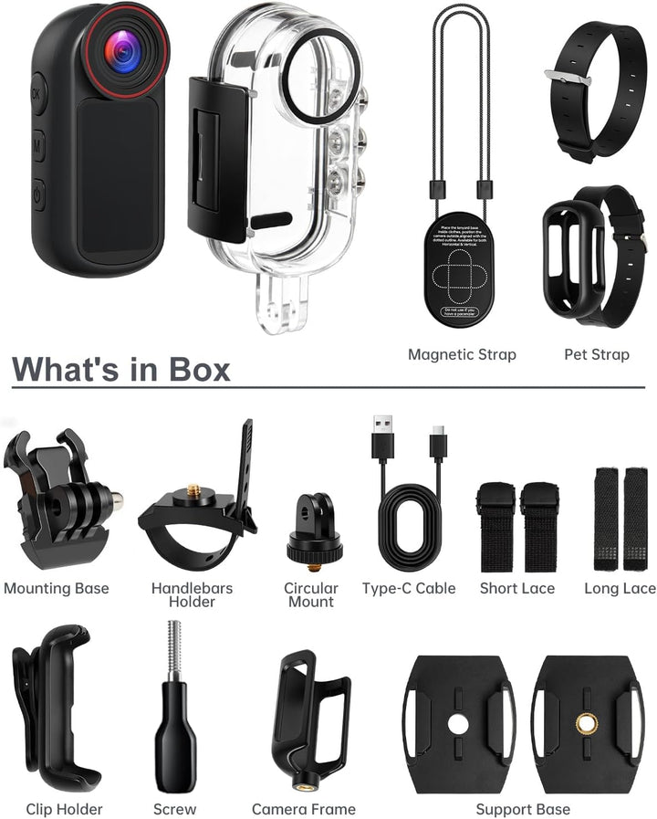 4K Mini Body Cam mit 1,5-Zoll-Display, POV Wearable Action Cam mit EIS & WiFi, Magnetische Daumenkam