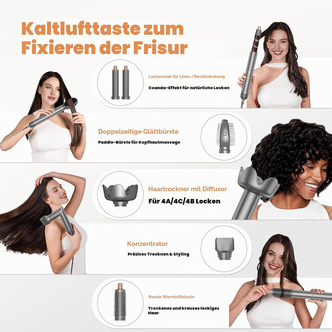 Hair Styler Set, Airstyler 6 in 1, Haarstyler 6 in 1, Multistyler 110000 U/MIN mit Warmluftbürste, H