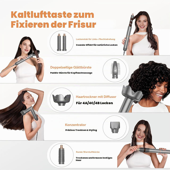 Hair Styler Set, Airstyler 6 in 1, Haarstyler 6 in 1, Multistyler 110000 U/MIN mit Warmluftbürste, H