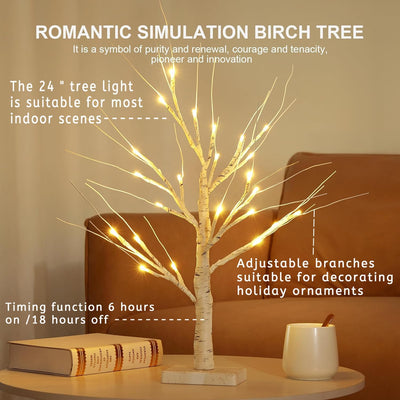 2er Set LED Baum Lichter Warmweiss, 60cm/2ft Birke LED Lichterbaum Innen mit 24 LEDs Licht, USB/Batt