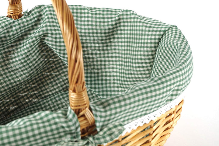Kobolo Einkaufskorb geflochten Weide -mit Textil ausgeschlagen- grün weiss kariert - 45x34x20 cm