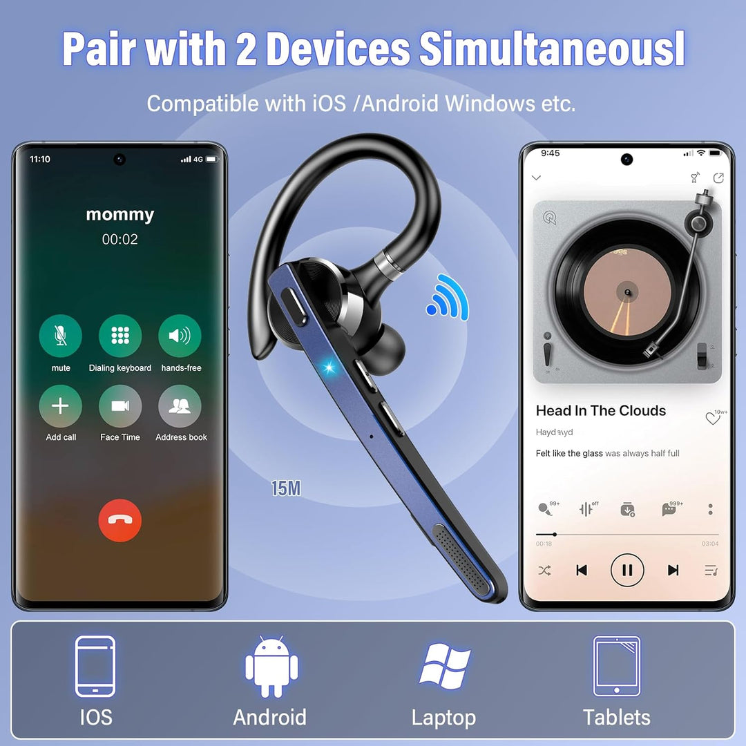 Bluetooth Headset V5.3, Wireless Freisprech Telefon mit CVC 8.0/ENC Dual Mic, APTX, Mute Zwei-Geräte