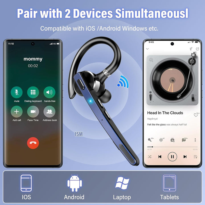 Bluetooth Headset V5.3, Wireless Freisprech Telefon mit CVC 8.0/ENC Dual Mic, APTX, Mute Zwei-Geräte