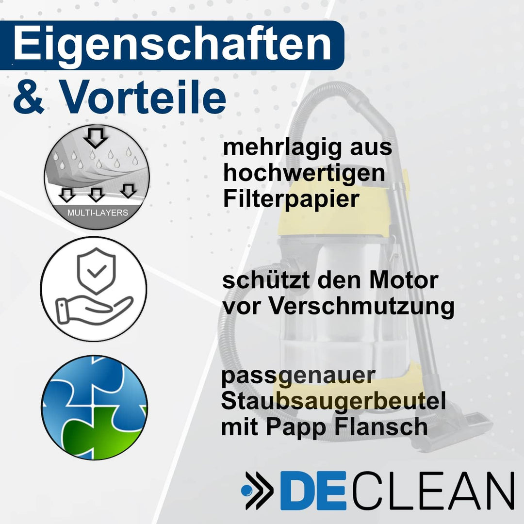 DeClean 20 Staubsaugerbeutel kompatibel mit Kärcher WD3 Ersatzteile WD 3 Premium,P,Extension Kit,Bat