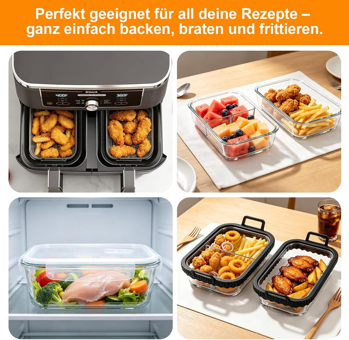 2 Stück Auflaufform Airfryer für Ninja & Cosori 2 Kammern Glasform mit Deckel & Abnehmbaren Griffen