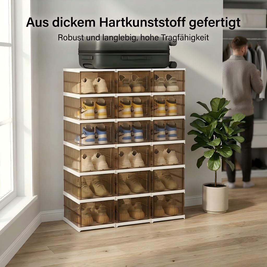 Schuhboxen Stapelbar, 12 Ebenen, Transparent, Faltbar, Dickem Kunststoff, für Sneaker bis Grösse 46,