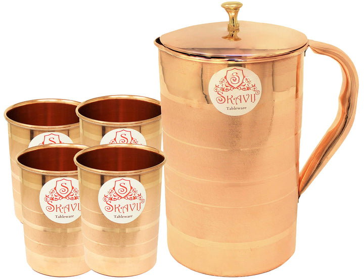 SKAVIJ Reiner Kupferkrug mit deckel und 4 becher set luxus stil wasserkrug (1,6 liter)