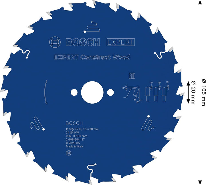 Bosch Professional 1x Kreissägeblatt Expert for Construct Wood (Holz, Sägeblatt Ø 165 x 20 mm, 24 Zä