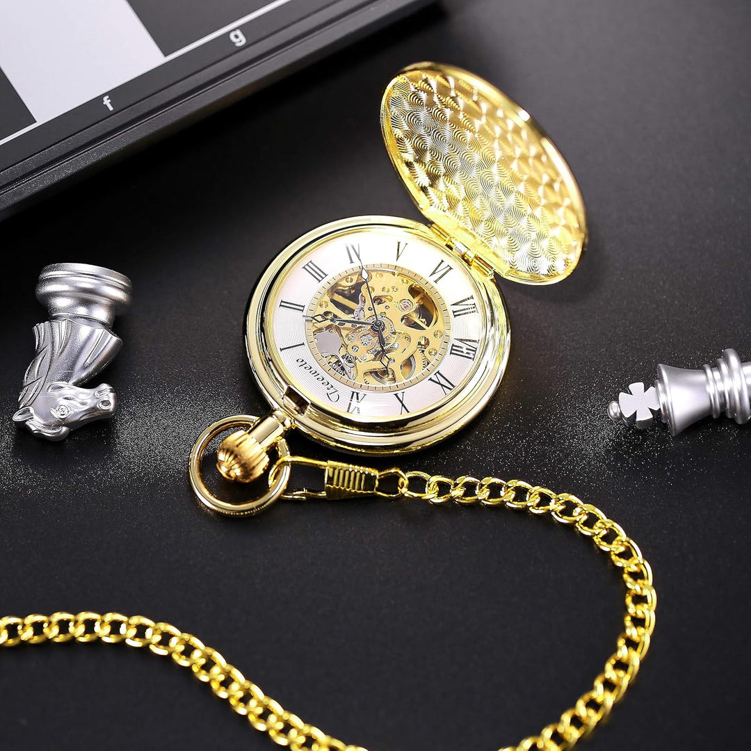 TREEWETO Unisex Taschenuhr mit Kette Analog Handaufzug Skelett Hochglanz Poliert Gold