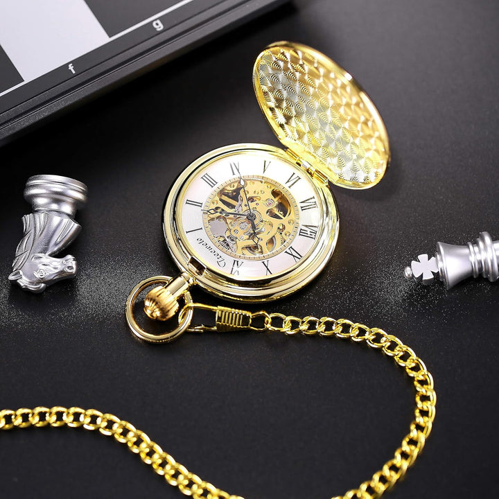 TREEWETO Unisex Taschenuhr mit Kette Analog Handaufzug Skelett Hochglanz Poliert Gold