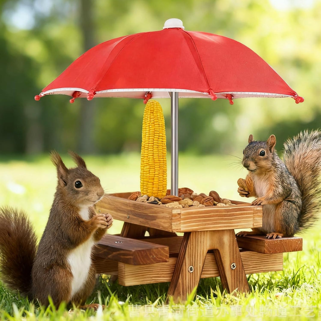 Eichhörnchen Futterhaus Wetterfest, Eichhörnchen-Futtertisch aus Holz mit Regenschirm und Maiskolben