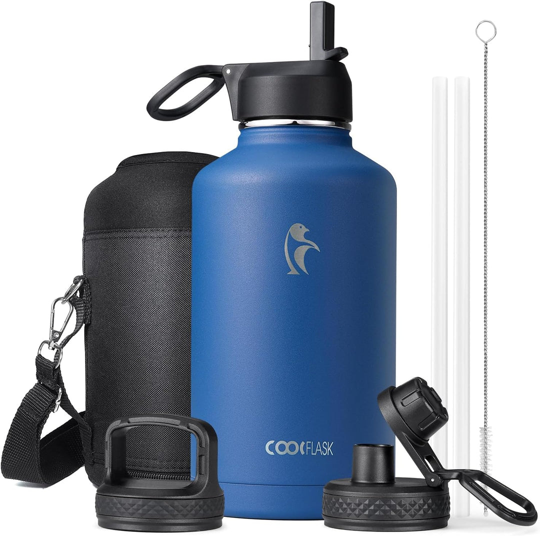 Isolierte Wasserflasche 2L, Coolflask Wasserflasche mit Strohhalm & 3 Deckeln, Isolierte Wasserflasc
