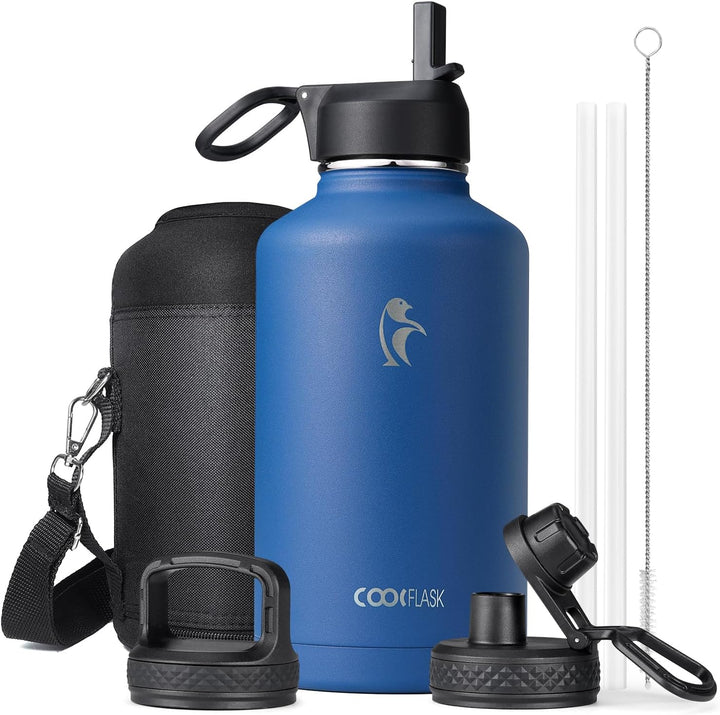 Isolierte Wasserflasche 2L, Coolflask Wasserflasche mit Strohhalm & 3 Deckeln, Isolierte Wasserflasc