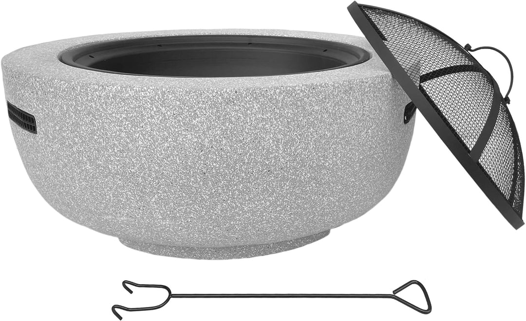 Feuerschale mit Funkenschutz für den Garten, rund, Ø 60 cm, Granitoptik, inkl. Schürhaken, mit Grill